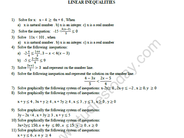 Class 11 Linear Inequalities Printable Worksheets pdf